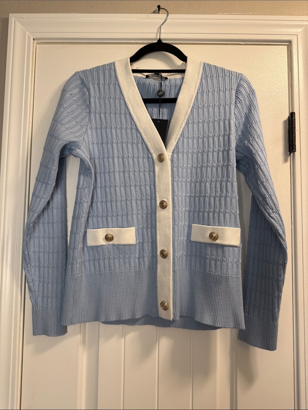 Adrianna Papell Light Blue Cardigan with White Trim